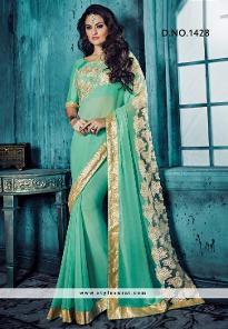 Light Green Color Patch Border And Lace Border Work Designer Saree