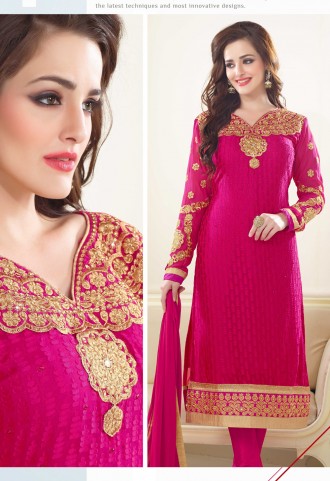 Magenta Georgette And Embroidery Work Churidar Salwar Kameez