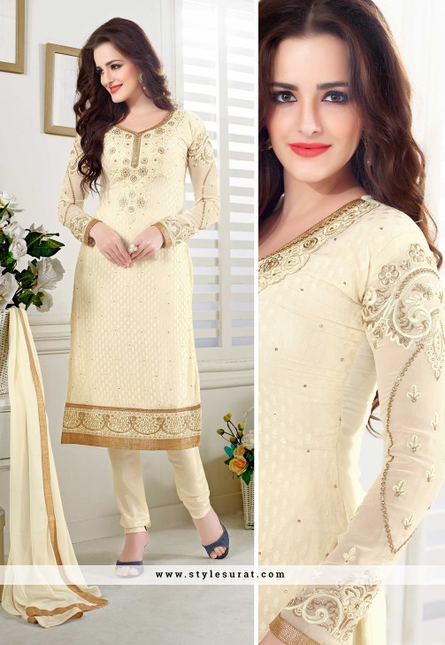 Classy Cream Color Georgette Churidar Salwar Kameez