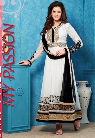 Faux Georgette And Santoon White And Black Color Anarkali Salwar Suit