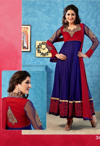 Blue And Red Color Net And Santoon Designer Party Wear Anarkali Salwar Kameez