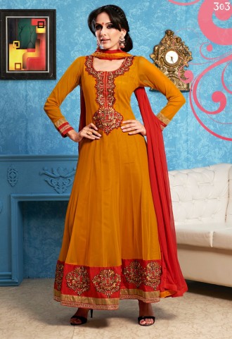 Designer Santoon and Net Orange Color Party Wear Anarkali Salwar Kameez