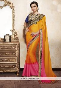 Georgette And Satin Pink And Mustard Color Designer Party Wear Saree