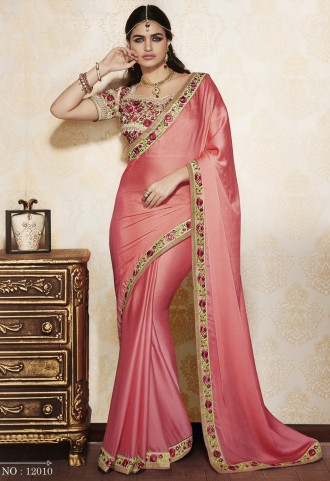 Salmon And Beige Color Faux Georgette And Raw Silk Designer Party Wear Saree