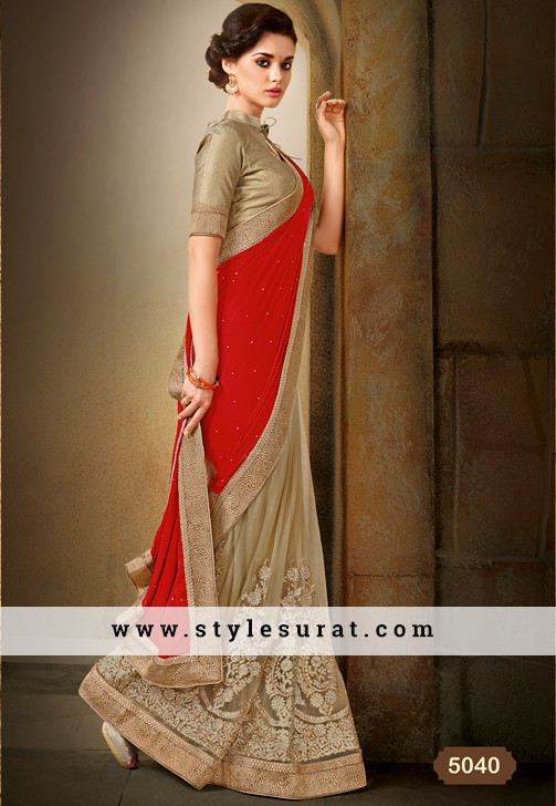 BEIGE AND RED DESIGNER PARTY WEAR SAREE