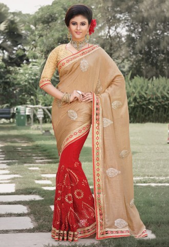 Designer Beige And Red Net And Silk Party Wear Half N Half Saree