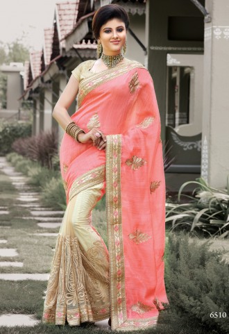 Salmon And Pink Color Net And Silk Designer Party Wear Half N Half Saree