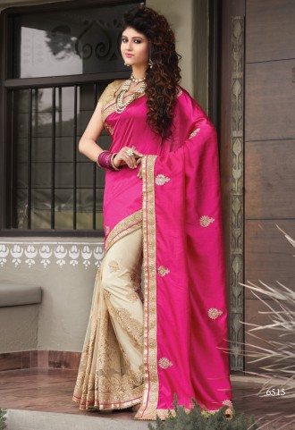 Net And Silk Rani Pink And Beige Color Designer Party Wear Half N Half Saree