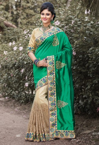 Designer Beige And Green Color Net And Silk Party Wear Half N Half Saree