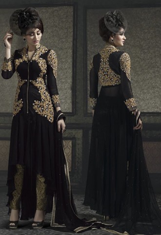 Black Pure Georgette And Pure Banarasi Fabric Designer Pant Style Salwar Kameez