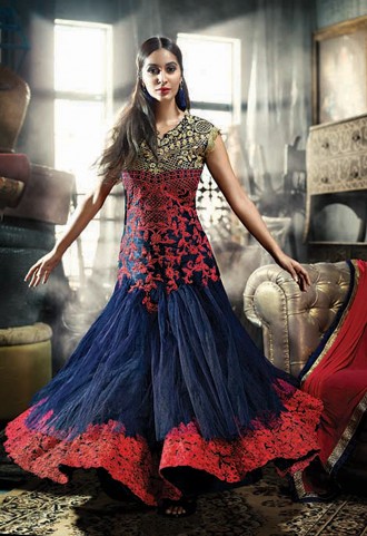 Beautiful Embroidery Work Blue Net Designer Anarkali Salwar Kameez